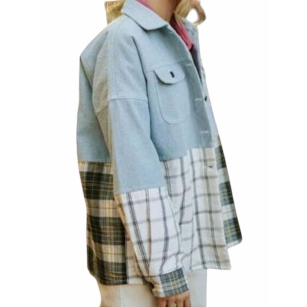 BOBBIE WREN The Hailey Denim Plaid Patchwork Shacket Jacket Size Small